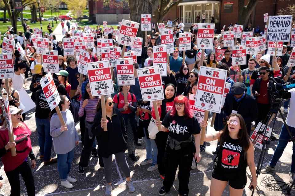 Hundreds rallied on the campus of Rutgers University, in New Brunswick for a contract. Monday, April 10, 2023 