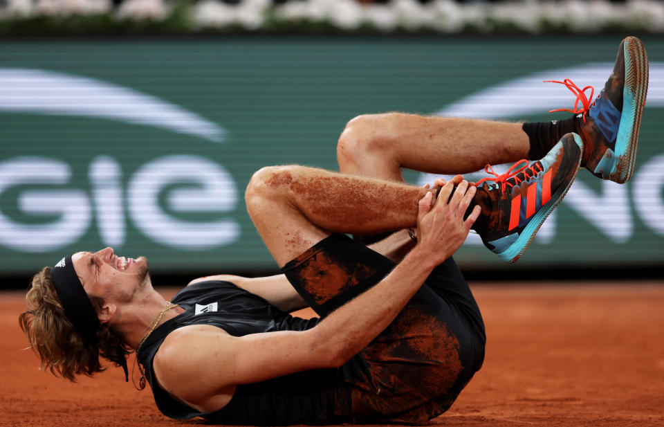 Alexander Zverev, pictured here rolling his ankle against Rafa Nadal at the French Open.