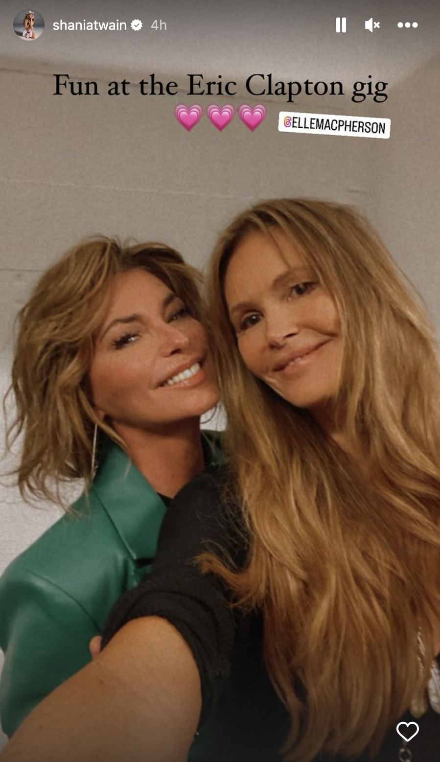 Shania Twain and Elle Macpherson attended Eric Clapton's concert in Zurich on Oct. 14. (Photo via @shaniatwain on Instagram)
