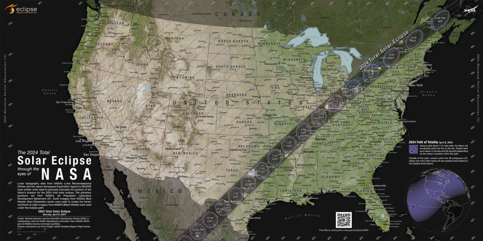 The path of totality and partial contours crossing the U.S. for the total solar eclipse occurring on April 8, 2024.