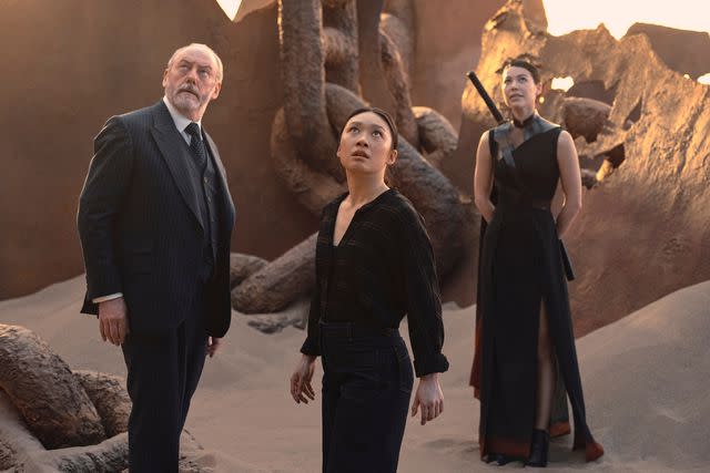 <p>Ed Miller/Netflix</p> Liam Cunningham, Jess Hong, and Sea Shimooka