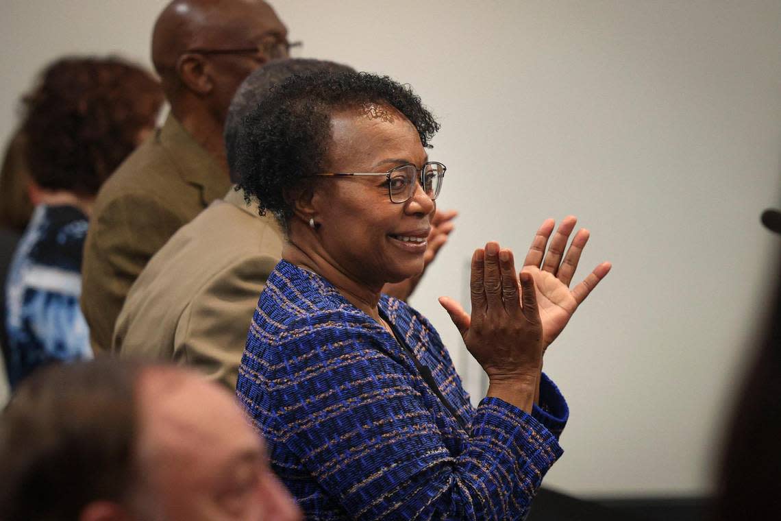 Dr. Earlean Smiley claps for the recognized county staff members during a Broward County School Board meeting on Wednesday, Feb. 15, 2023, in Fort Lauderdale.