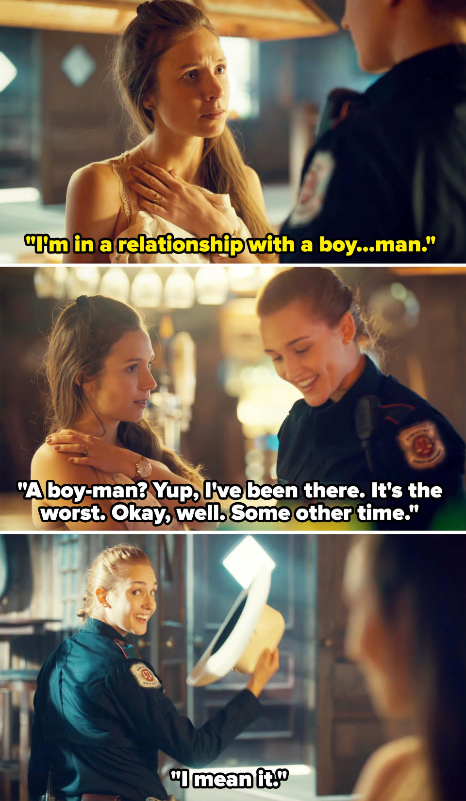 Dominique Provost-Chalkley and Katherine Barrell in scenes from a TV show, with Dominique in casual wear and Katherine in a police uniform interacting with her