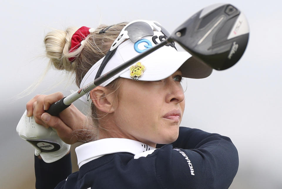 United States' Nelly Korda tees off from the 2nd hole during the second round of the Women's British Open golf championship, in Carnoustie, Scotland, Friday, Aug. 20, 2021. (AP Photo/Scott Heppell)