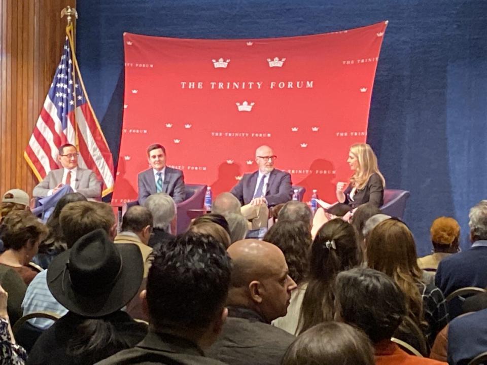 From left, Curtis Chang, Russell Moore and David French, with moderator Cherie Harder cover the topic “Toward a Better Christian Politics” at a recent Trinity Forum-sponsored panel at the National Press Club. The far-reaching discussion included possible solutions to American political polarization. The three panelists are fostering a curriculum – “The After Party” – designed to reframe Christian political identity from the current divisive partisanship. “Whereas the partisan identity defines political engagement in the ‘what’ of ideologies, policies, parties and politicians,” a brochure states, “The After Party redefines Christian politics around a Biblical emphasis on the ‘how’ of virtues like mercy, humility and justice (Micah 6:8).”