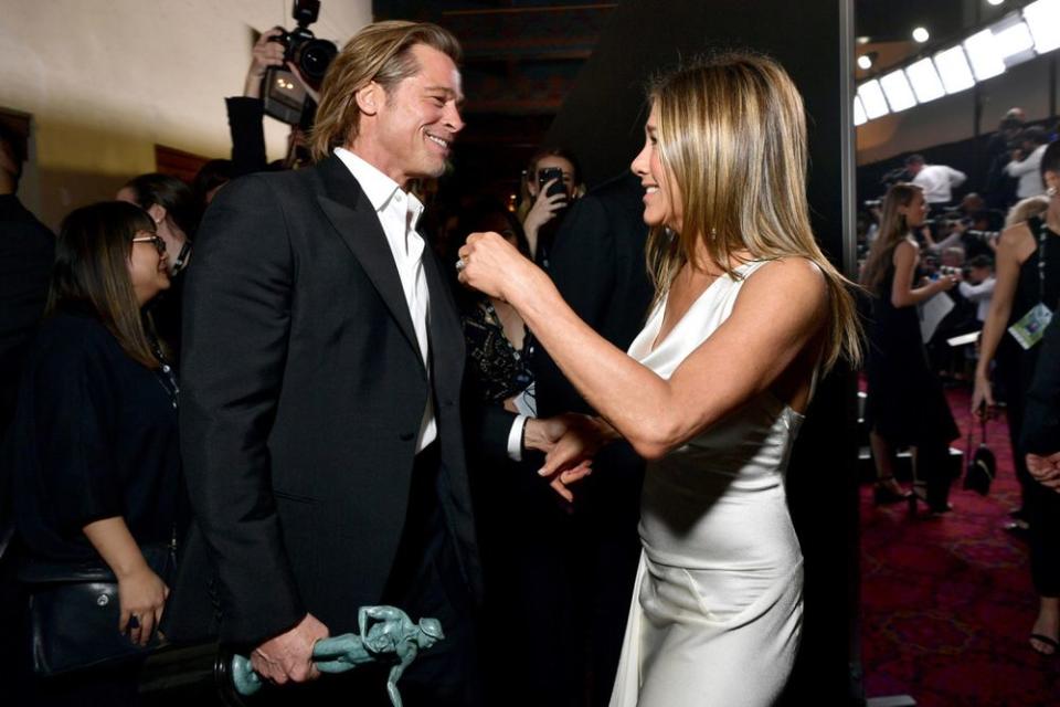 Brad Pitt and Jennifer Aniston backstage at the 2020 SAG Awards | Emma McIntyre/Getty