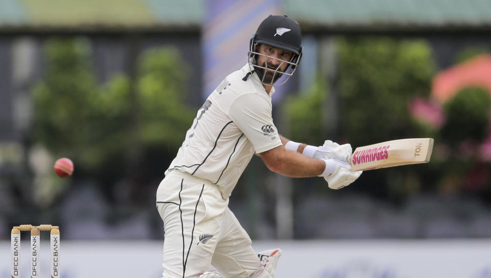 New Zealand's Colin de Grandhomme plays a shot during day four of the second test cricket match between Sri Lanka and New Zealand in Colombo, Sri Lanka, Sunday, Aug. 25, 2019. (AP Photo/Eranga Jayawardena)