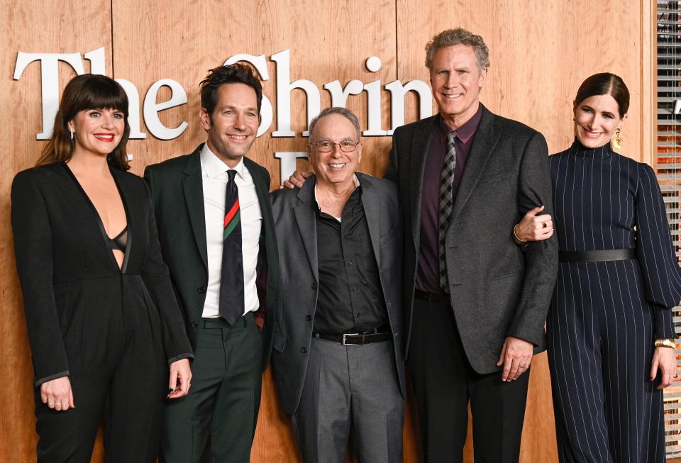 "The Shrink Next Door" cast members Casey Wilson (far left), Paul Rudd, Will Ferrell and Kathryn Hahn pose with Martin "Marty" Markowitz, whose life inspired the show, at the miniseries' premiere in New York on Oct. 28, 2021.