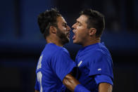 Israel's Ian Kinsler, right, celebrates with Tal Erel after hitting a home run in the third inning of a baseball game against South Korea at the 2020 Summer Olympics, Thursday, July 29, 2021, in Yokohama, Japan. (AP Photo/Sue Ogrocki)