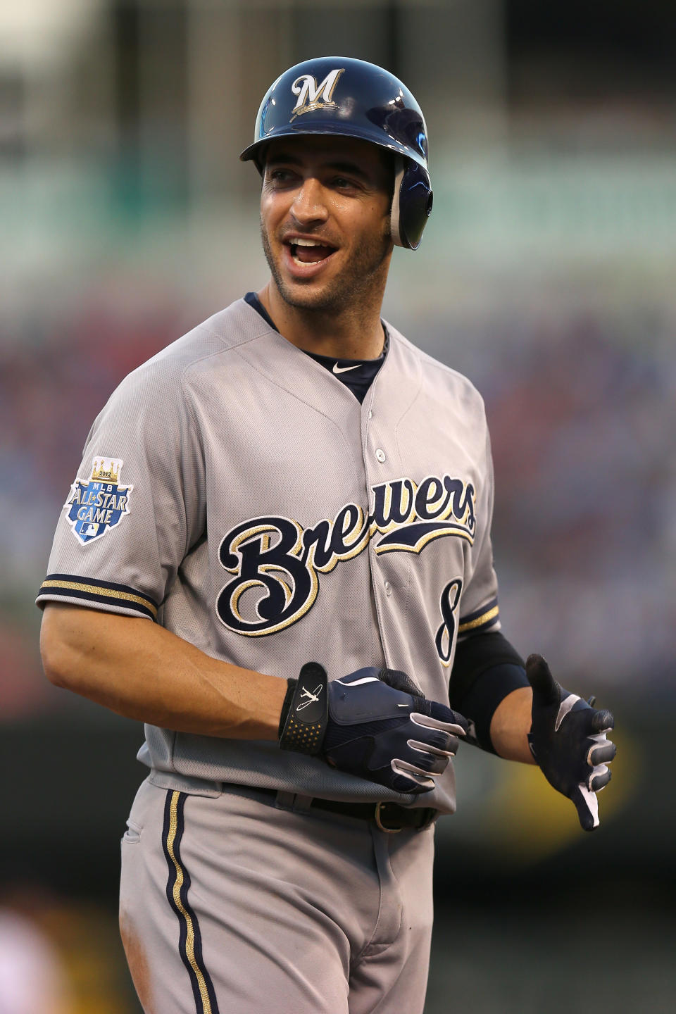 KANSAS CITY, MO - JULY 10: National League All-Star Ryan Braun #8 of the Milwaukee Brewers reacts after hitting a triple in the fourth inning during the 83rd MLB All-Star Game at Kauffman Stadium on July 10, 2012 in Kansas City, Missouri. (Photo by Jonathan Daniel/Getty Images)