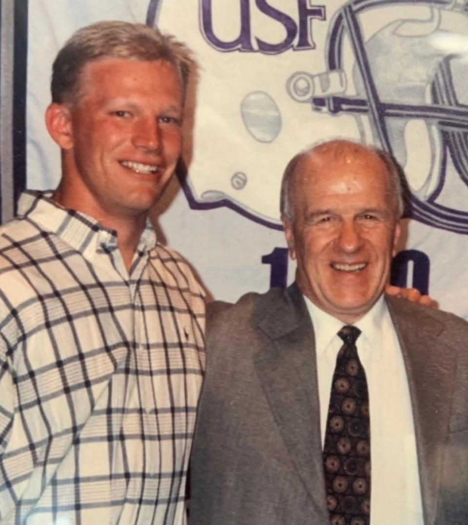 Kalen DeBoer (left) and Bob Young (right) in 1996, the year Sioux Falls won the national championship.