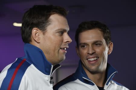 Britain Tennis - Barclays ATP World Tour Finals Preview - O2 Arena, London - 12/11/16 USA's Bob Bryan and Mike Bryan during a press conference Action Images via Reuters / Tony O'Brien Livepic