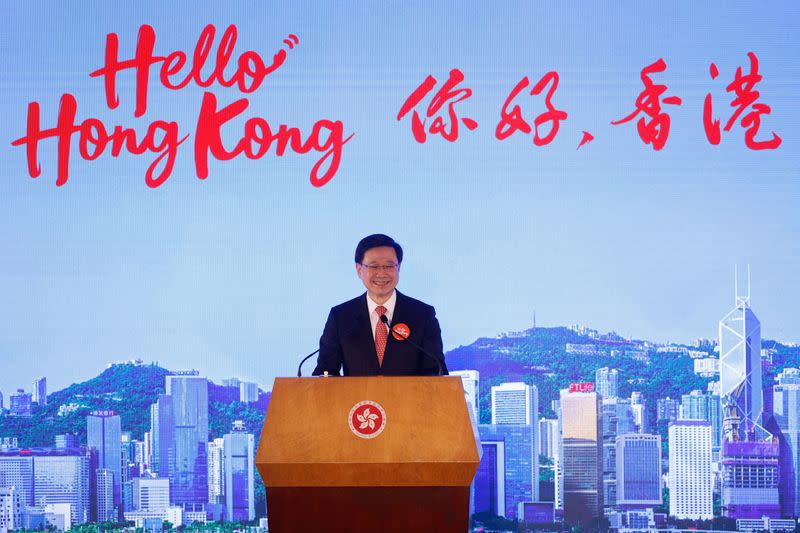 Hong Kong Chief Executive John Lee speaks during "Hello Hong Kong" campaign to promote city tourism in Hong Kong