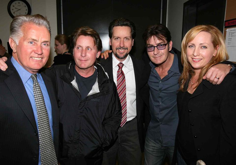 <p>Ryan Miller/Getty </p> Martin Sheen and his children, Emilio Estevez, Ramon Estevez, Charlie Sheen and Renee Estevez backstage after the opening night performance of 