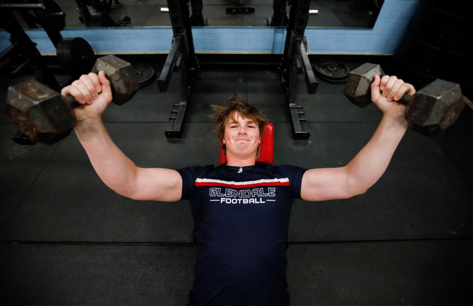 Glendale defensive end Kellen Lindstrom works out in the schools weight room on Friday, March 17, 2023.