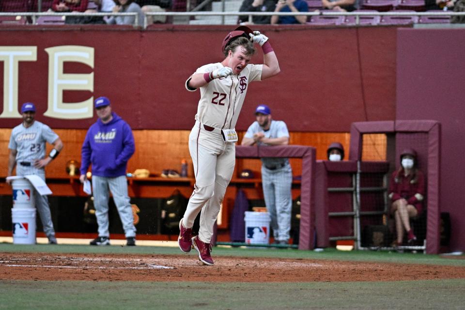 Florida State freshman outfielder James Tibbs hit a home run in his first career at-bat in the Seminoles' 4-1 win over James Madison on Friday, Feb. 18, 2022.