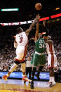 Paul Pierce #34 of the Boston Celtics goes up for a shot between Dwyane Wade #3 and LeBron James #6 of the Miami Heat in the first quarter in Game Seven of the Eastern Conference Finals in the 2012 NBA Playoffs on June 9, 2012 at American Airlines Arena in Miami, Florida. (Photo by Mike Ehrmann/Getty Images)