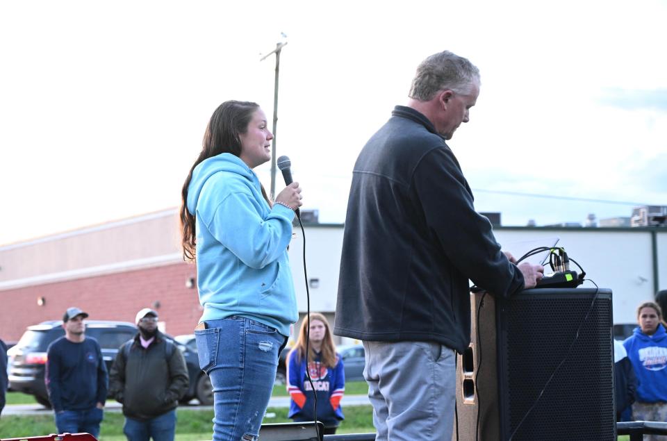 A memorial and bonfire was held in honor of Delmar student Carter Figgs, who was killed in a Salisbury car accident early Saturday morning, Oct. 7, 2023. Carter’s Aunt Meg Willey spoke about fond memories of her nephew Carter at the memorial Sunday in Delmar.