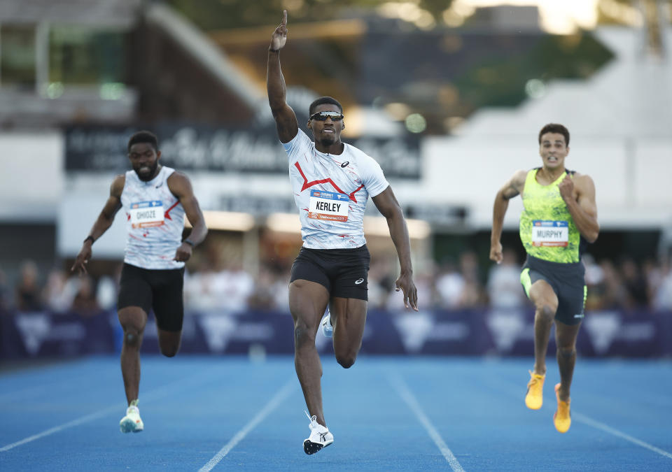 Fred Kerley, pictured here celebrating winning the 200m at the Maurie Plant Meet at Lakeside Stadium in Melbourne.