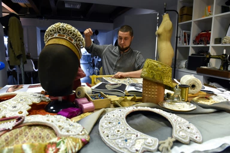 Yukhann Nikadimus makes kokoshniki, traditional women's high headdresses popular in the 19th century