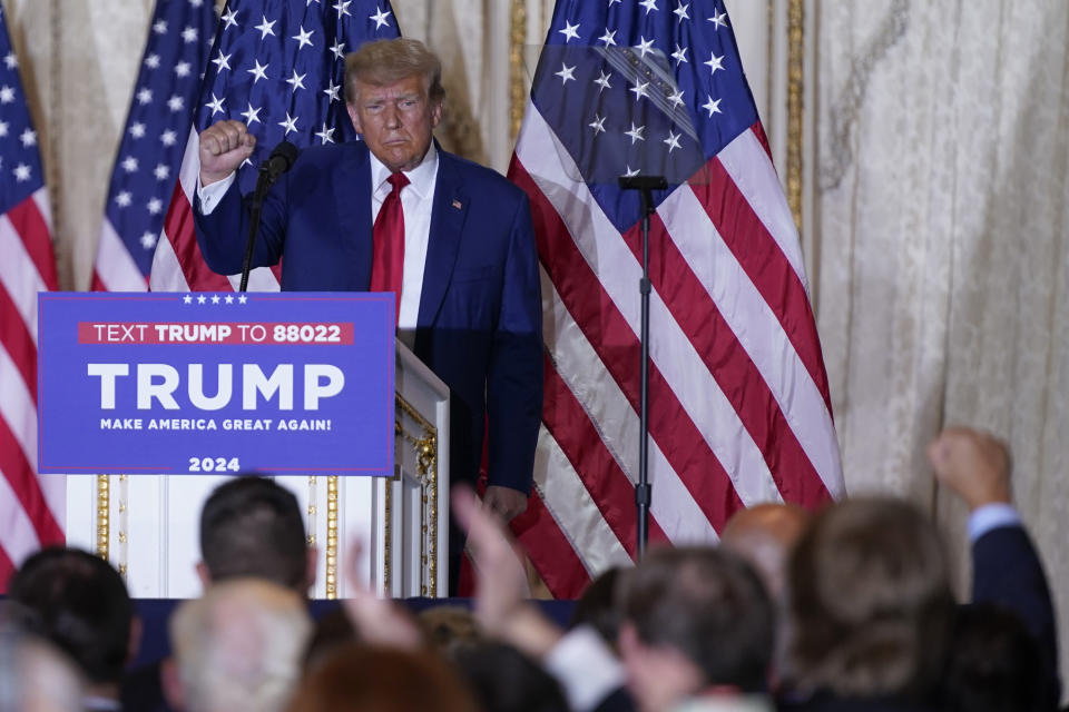 Former President Donald Trump gestures as he speaks at his Mar-a-Lago estate Tuesday, April 4, 2023, in Palm Beach, Fla., after being arraigned earlier in the day in New York City. (AP Photo/Evan Vucci)