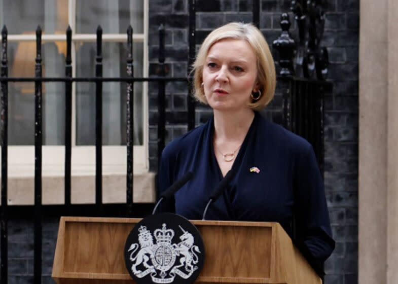 LONDON, ENGLAND - OCTOBER 20: Liz Truss speaks in Downing Street as she resigns as Prime Minister Of The United Kingdom on October 20, 2022 in London, England. (Photo by Dan Kitwood/Getty Images)