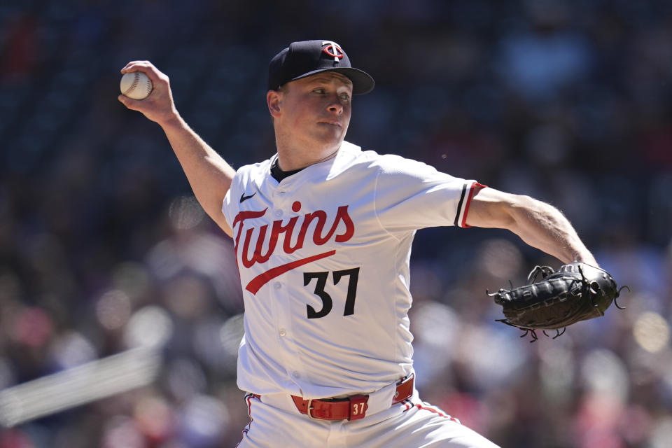 Minnesota Twins starting pitcher Louie Varland delivers during the third inning of a baseball game against the Detroit Tigers, Sunday, April 21, 2024, in Minneapolis. (AP Photo/Abbie Parr)