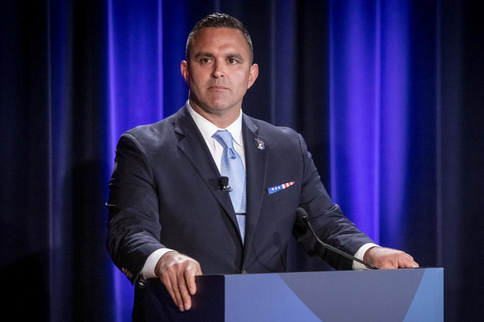 FILE - Michigan Republican candidate for governor Garrett Soldano, of Mattawan, appears at a debate in Grand Rapids, Mich., July 6, 2022. The Republican primary for Michigan governor is shaping up as a battle of whose personal baggage is the least disqualifying. (Michael Buck/WOOD TV8 via AP, File)