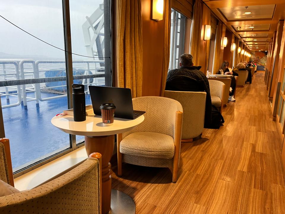 tables and chairs for economy passengers on a ferry in greece