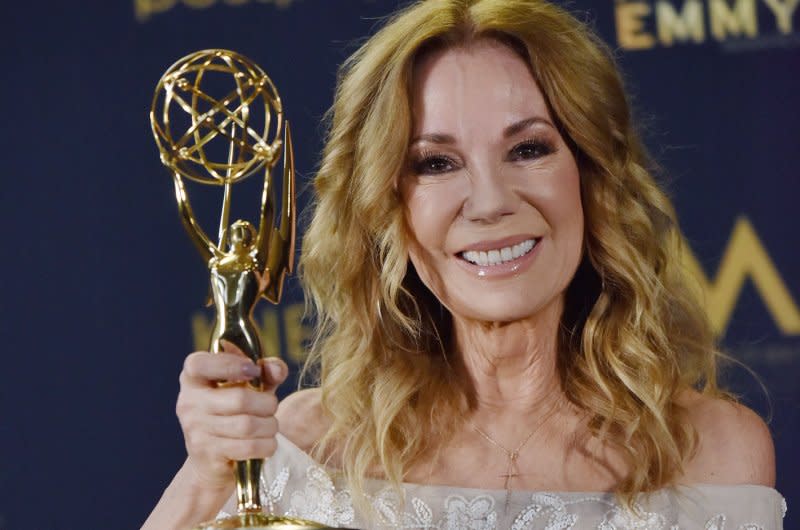 Kathie Lee Gifford holds up her Daytime Emmy for Outstanding Informative Talk Show Host backstage at the Daytime Emmy Awards held at the Pasadena Civic Auditorium in 2019. File Photo by Chris Chew/UPI