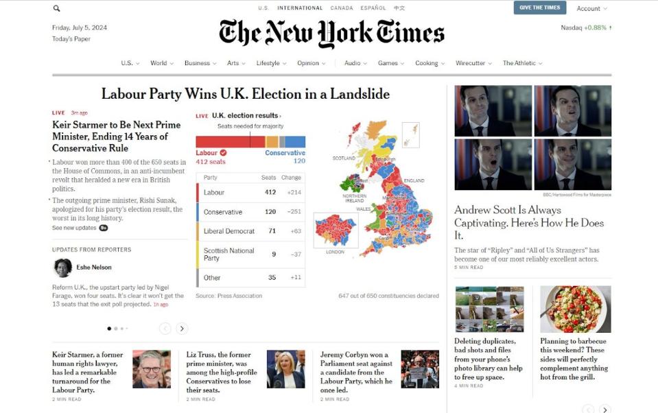 New York Times' website reporting Keir Starmer's victory in the general election