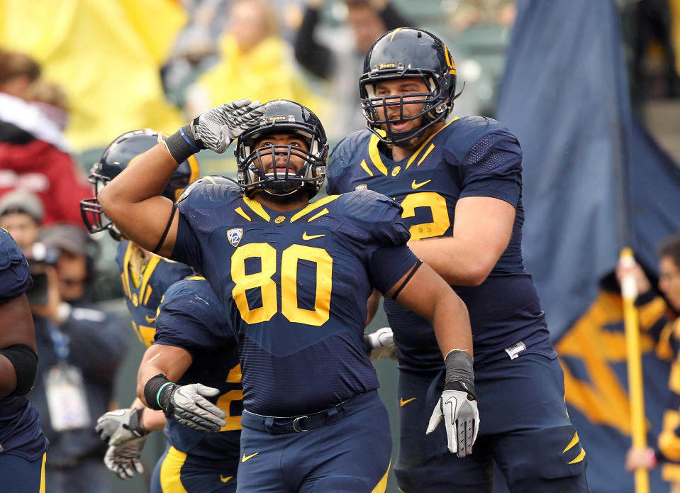 SAN FRANCISCO, CA - NOVEMBER 05: Anthony Miller #80 of the California Golden Bears celebrates after scoring a touchdown against the Washington State Cougars at AT&T Park on November 5, 2011 in San Francisco, California. (Photo by Ezra Shaw/Getty Images)