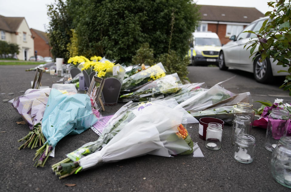 Floral tributes left near the scene at Dragon Rise in Norton Fitzwarren, near Taunton in Somerset, where a man and a woman died on Sunday. Two men have been arrested on suspicion of murder after Jennifer Chapple, 33, and her husband Stephen Chapple, 36, were both found with serious injuries and were pronounced dead at the scene. Picture date: Wednesday November 24, 2021.
