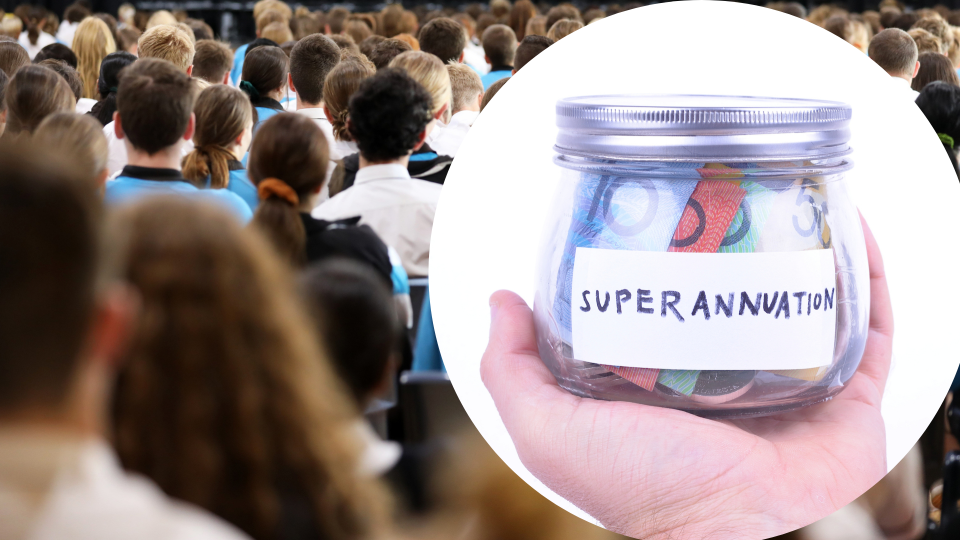 Pictured: Jar with Australian money labeled 'superannuation' and Australian workers. Images: Getty