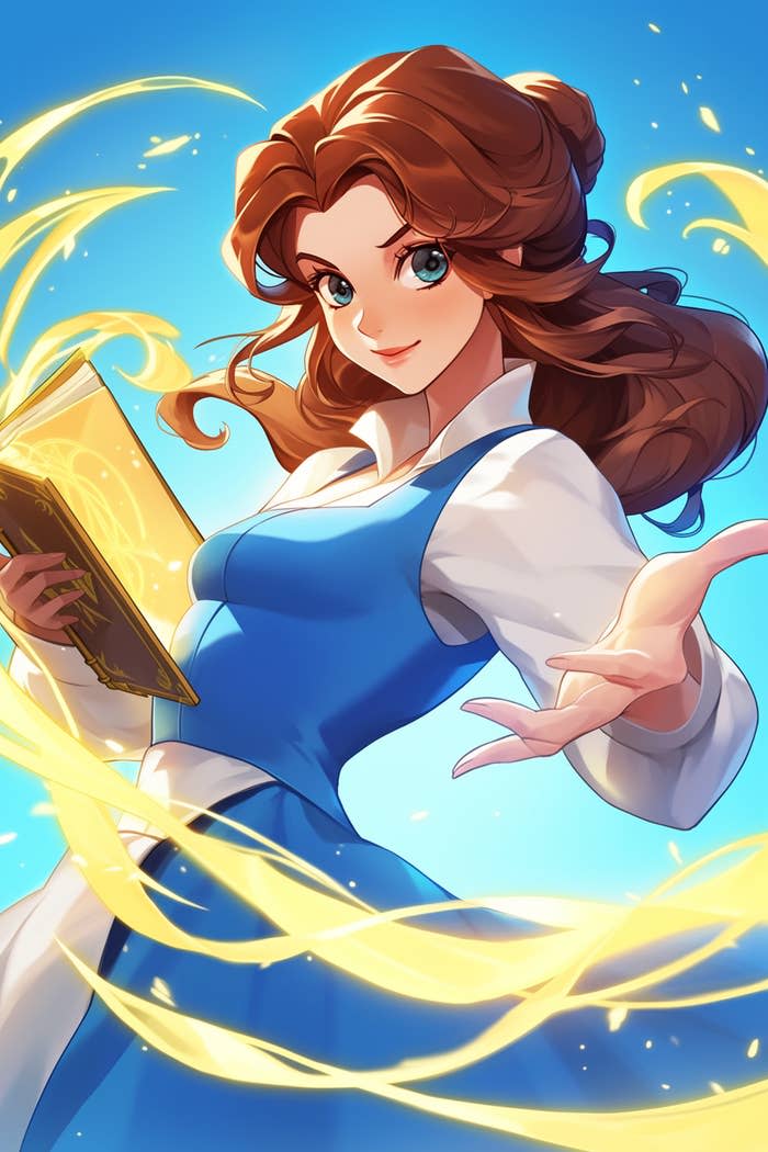 Animated character Belle from Beauty and the Beast holding a book with magical swirls around her