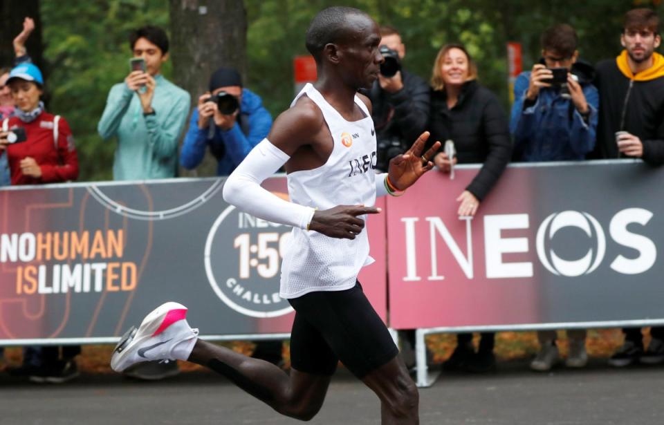 Eliud Kipchoge on his way to breaking two hours for a marathon in October 2019 — an event sponsored by Ineos (Reuters)