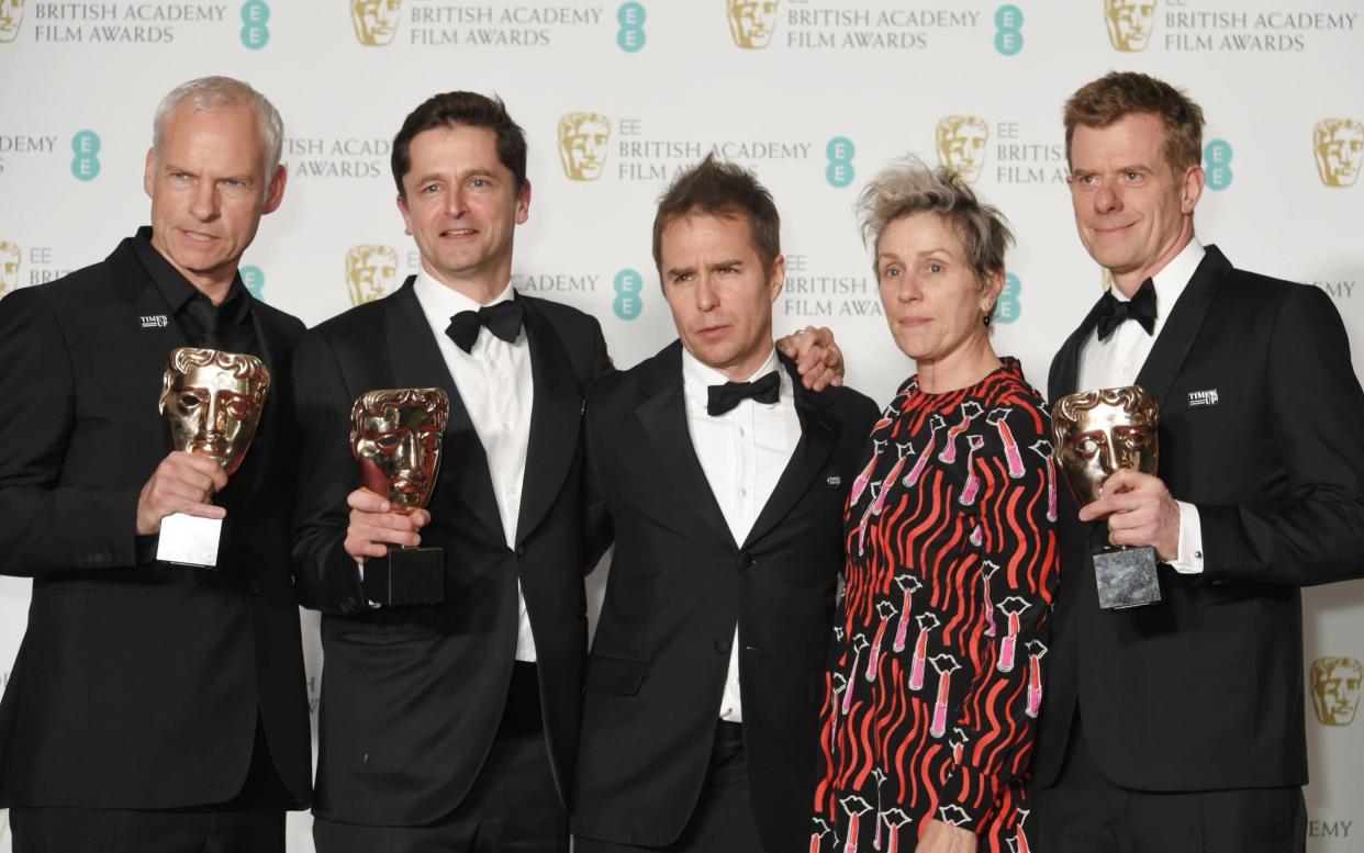 (L to R) Martin McDonagh, Peter Czernin, Sam Rockwell, Frances McDormand and Graham Broadbent, aftr accepting the Best Film award for Three Billboards Outside Ebbing, Missouri - Getty Images Europe