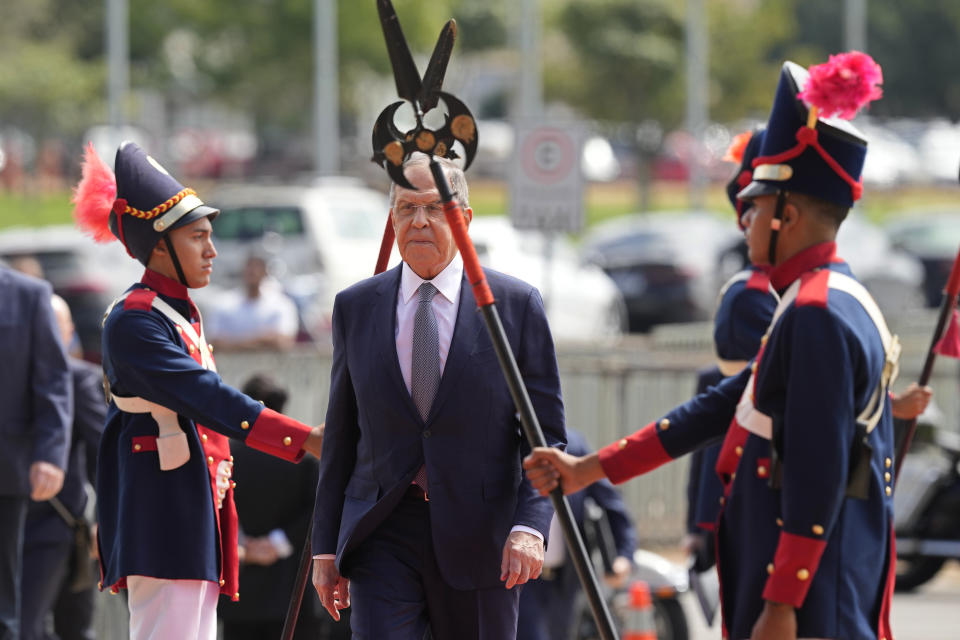 Russia's Foreign Minister Sergey Lavrov arrives to Itamaraty Palace in Brasilia, Brazil, Monday, April 17, 2023. (AP Photo/Eraldo Peres)