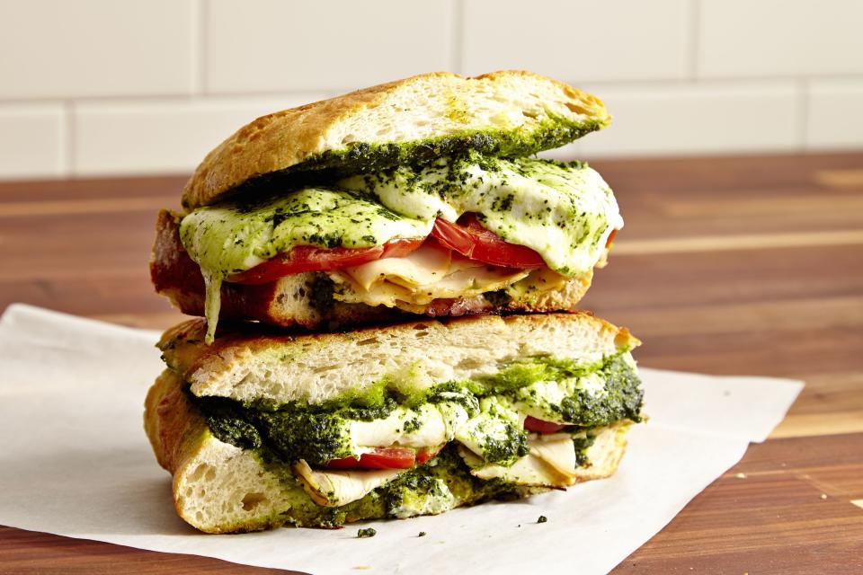 <p>Paninis were to 2014 what trendy grain bowls are to 2018, but that doesn't you can't still enjoy a nice grill-marked sandwich every now and then. Break out the <a rel="nofollow noopener" href="https://www.amazon.com/Chefman-Panini-Press-Non-Stick-Stainless/dp/B077YR9FFG" target="_blank" data-ylk="slk:panini press;elm:context_link;itc:0;sec:content-canvas" class="link ">panini press</a> and make one of these melty sammies. Need more grilled sandwich goodness? Try our <a rel="nofollow noopener" href="https://www.delish.com/cooking/recipe-ideas/g2815/best-grilled-cheese-recipes/" target="_blank" data-ylk="slk:game-changing grilled cheeses;elm:context_link;itc:0;sec:content-canvas" class="link ">game-changing grilled cheeses</a>.</p>