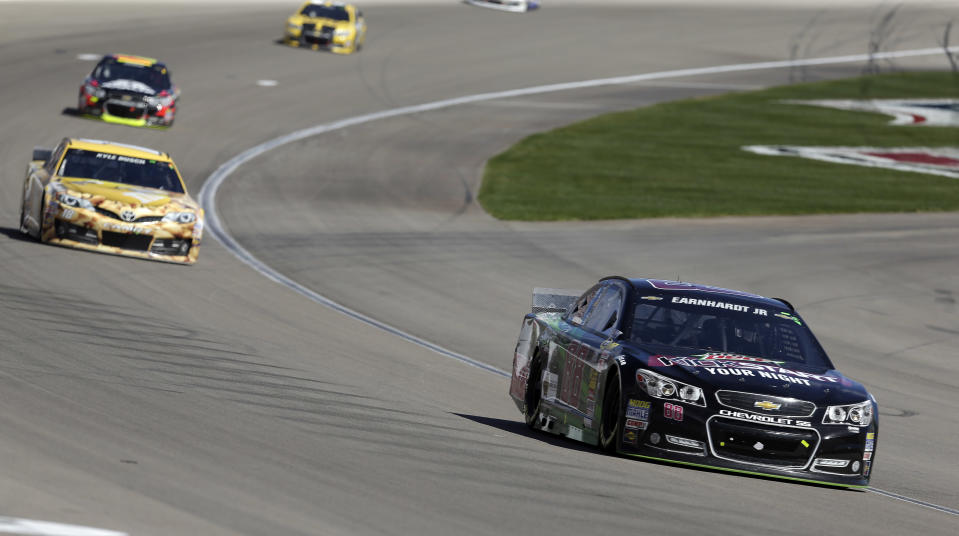 Dale Earnhardt Jr. (88) drives during a NASCAR Sprint Cup Series auto race Sunday, March 9, 2014, in Las Vegas. Earnhardt finished second. (AP Photo/Isaac Brekken)