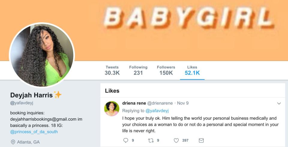 Deyjah Harris' Twitter account. As of Monday afternoon, the first tweet in her "Likes" tab read, in part: "Him telling the world your personal business medically and your choices as a woman ... is never right." (Photo: <a href="https://twitter.com/yafavdeyj/likes" target="_blank">HuffPost US</a>)