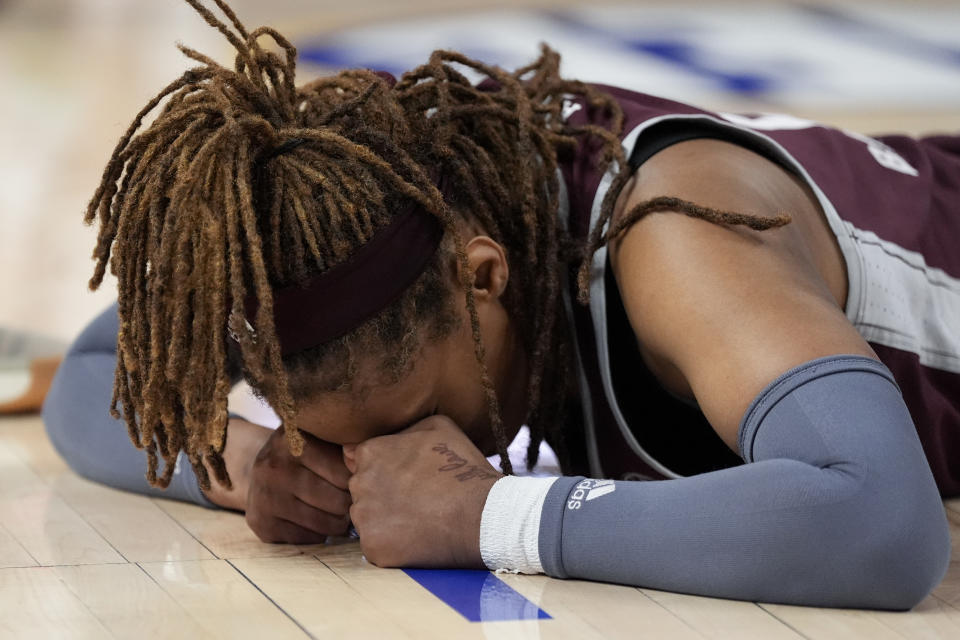 Texas A&M forward Janiah Barker reacts after getting fouled against South Carolina during the second half of an NCAA college basketball game at the Southeastern Conference women's tournament Friday, March 8, 2024, in Greenville, S.C. (AP Photo/Chris Carlson)