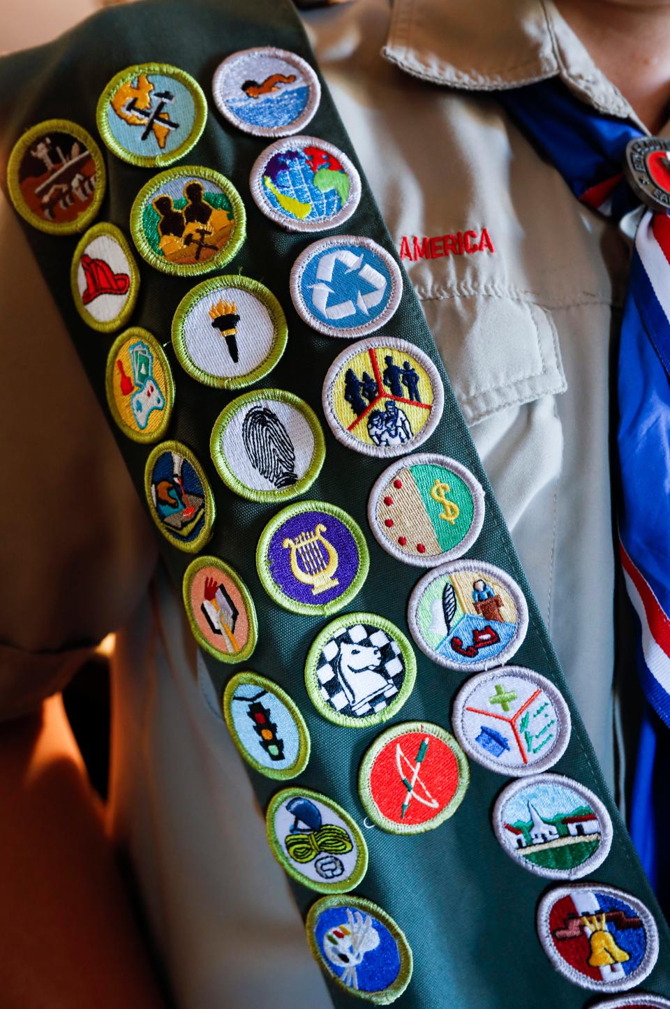 Several of the more than 30 merit badges Hunter Odom earned on his way to become an Eagle Scout.
