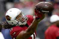 Arizona Cardinals wide receiver Larry Fitzgerald warms up prior an NFL football game against the Seattle Seahawks, Sunday, Sept. 29, 2019, in Glendale, Ariz. (AP Photo/Ross D. Franklin)