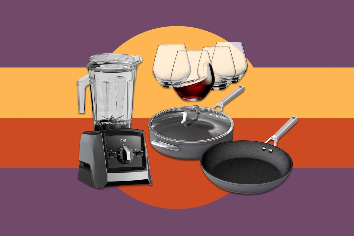 blender, wine glasses, pans