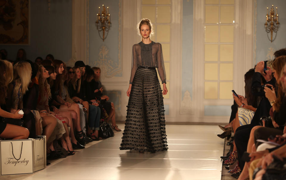 A Model wears a design created by Temperley London during London Fashion Week Spring/Summer 2014, at the Savoy Hotel in central London, Sunday, Sept 15, 2013. (Photo by Joel Ryan/Invision/AP)