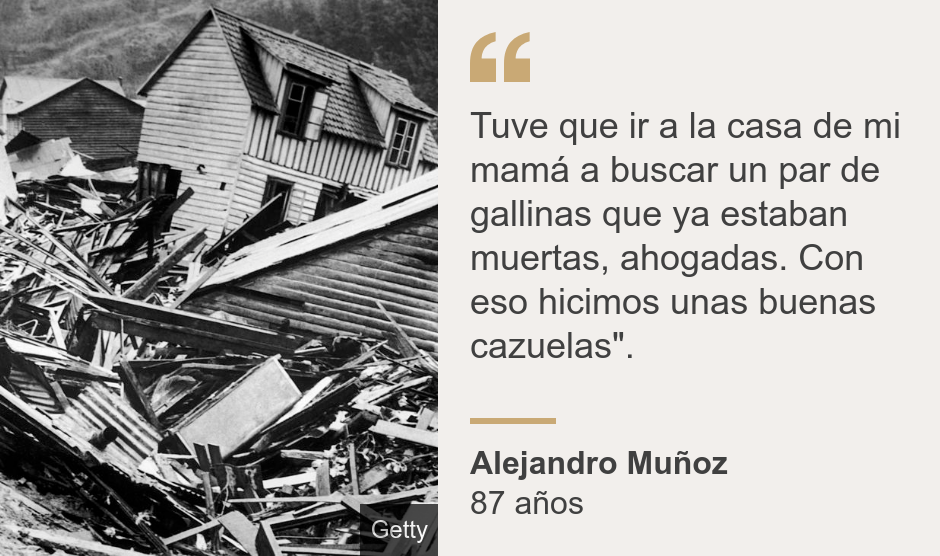 "Tuve que ir a la casa de mi mamá a buscar un par de gallinas que ya estaban muertas, ahogadas. Con eso hicimos unas buenas cazuelas".", Source: Alejandro Muñoz, Source description: 87 años, Image: Casas destruidas.