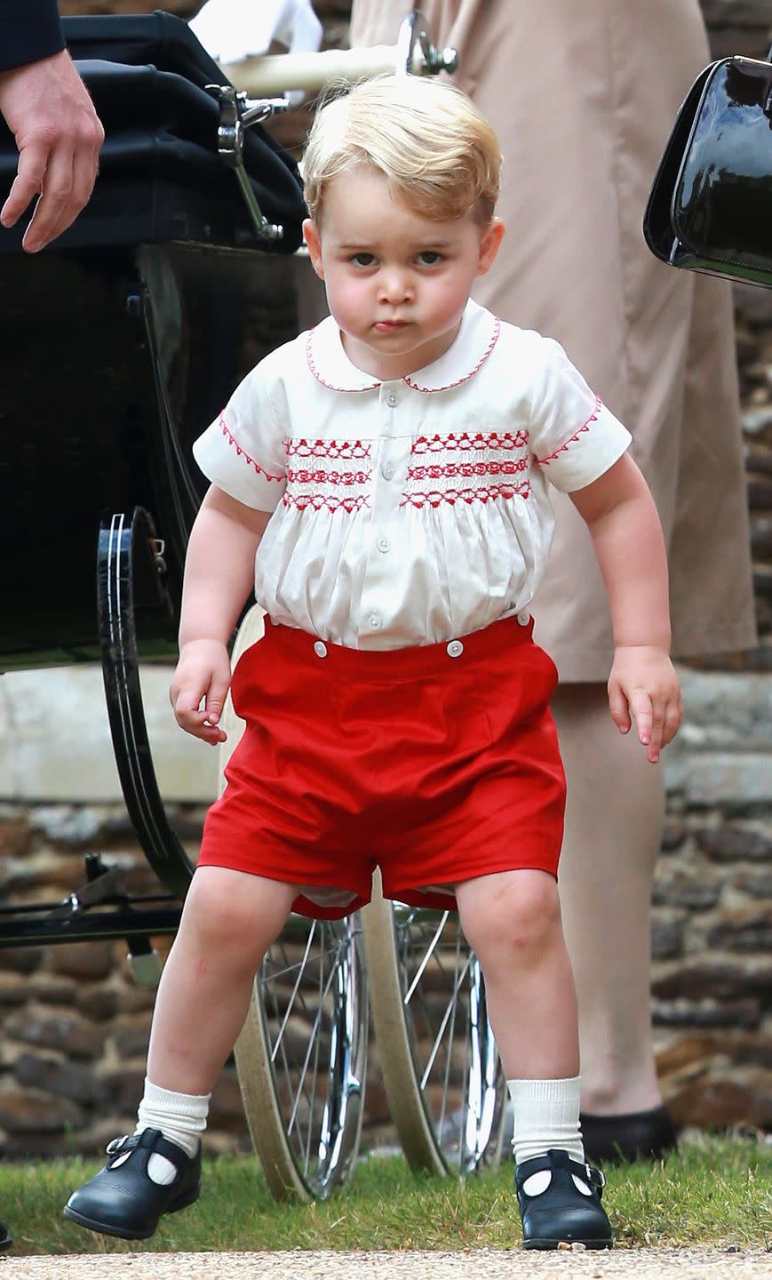 <p>Prince George, er, "greets" the media following the christening of his baby sister, Princess Charlotte, at the Church of St. Mary Magdalene in Sandringham.</p>