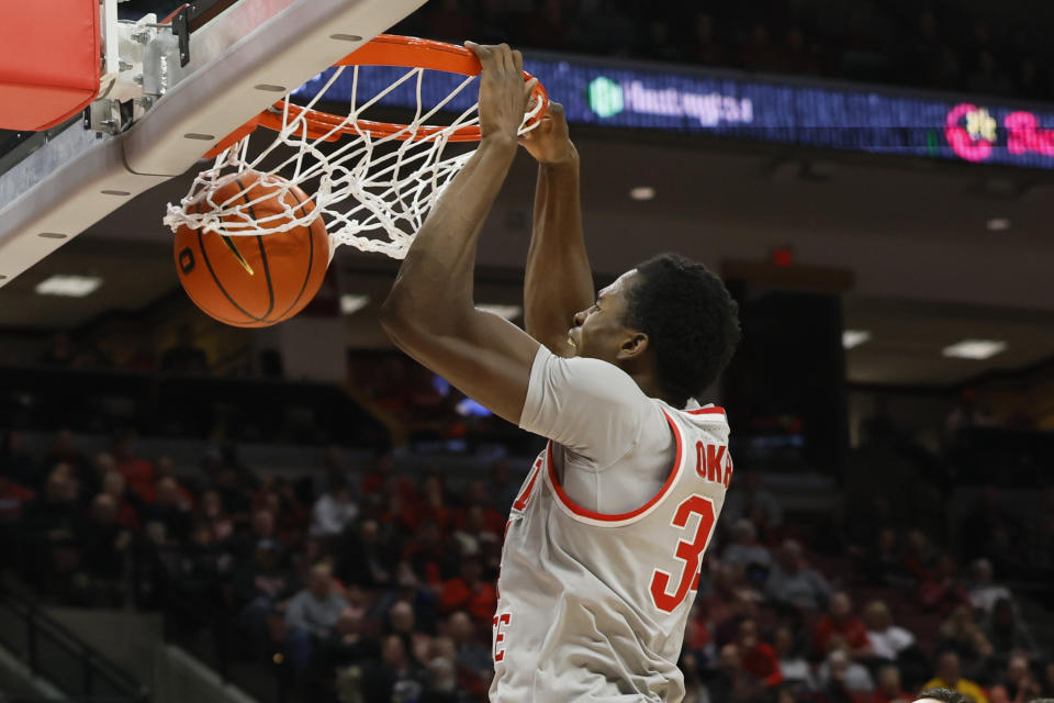 Ohio State's Felix Okpara dunks the ball against Iowa during the second half of an NCAA college basketball game on Saturday, Jan. 21, 2023, in Columbus, Ohio. (AP Photo/Jay LaPrete)