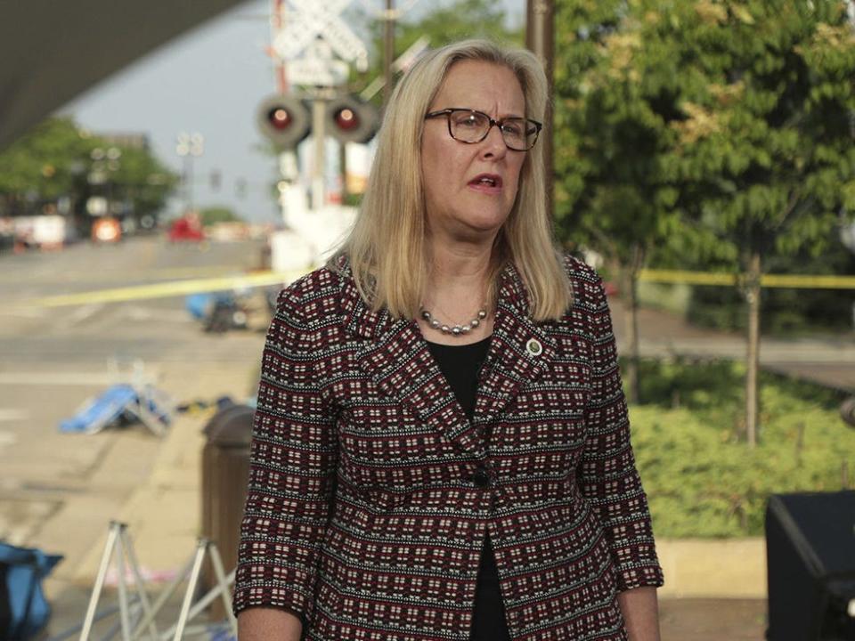 Highland Park Mayor Nancy Rotering speaks with the media at the end of Central Avenue following yesterday's mass shooting on July 5, 2022, in Highland Park.